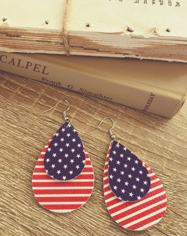 Women’s hoop earrings with diamonds-Red, White and Blue, American Flag Drop Earrings