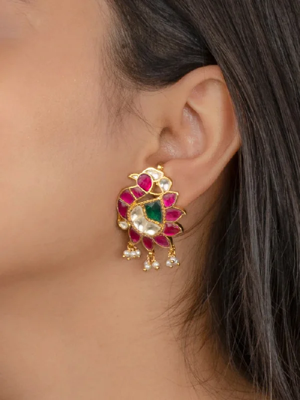 Women’s multi-strand earrings-Multicolor Gold Plated Jadau Kundan Earrings - ME751M