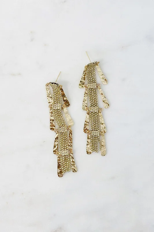 Women’s long earrings-Stamped Dangle Statement Earrings Gold