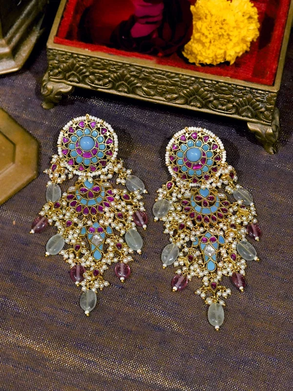 Women’s turquoise earrings-Multicolor Gold Plated Jadau Kundan Earrings - ME723FP