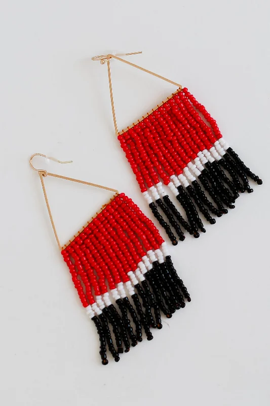 Women’s statement earrings-Red + Black Beaded Fringe Earrings