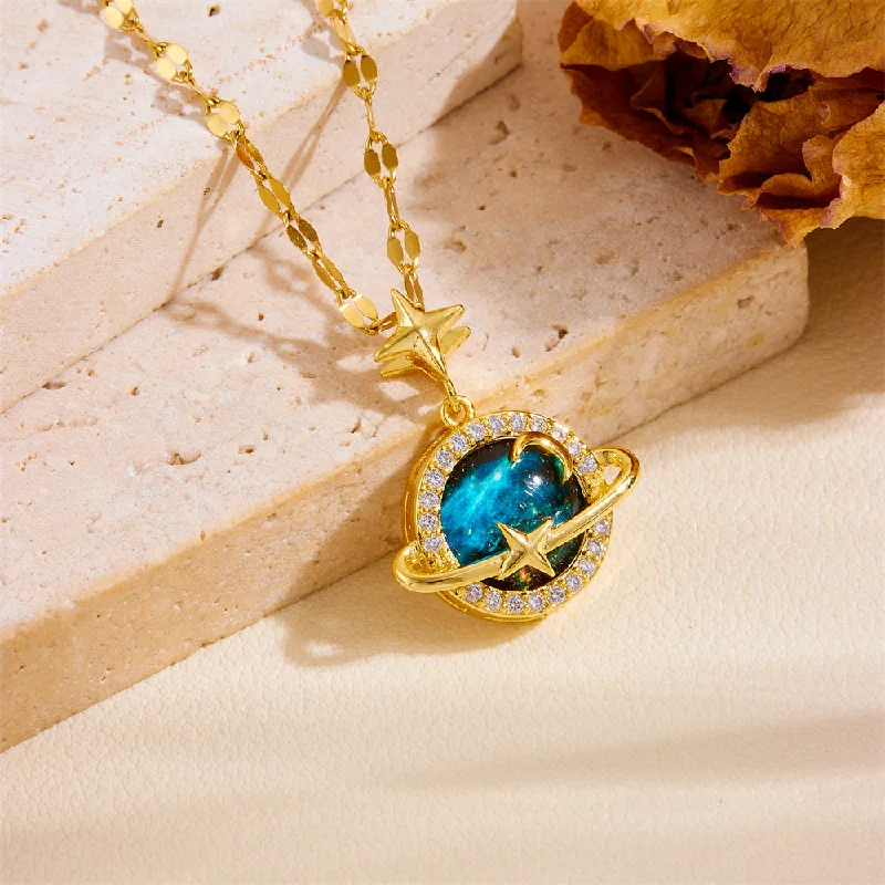 Sun Moon Star Ball Blue Gold Necklace