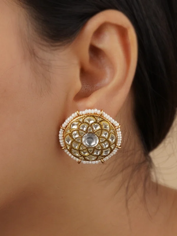 Women’s gemstone earrings-White Color Gold Plated Thappa Jadau Kundan Earrings - TJ-E17