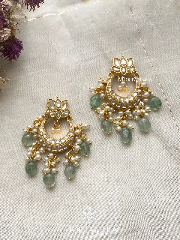 Women’s dangle earrings-Green Color Gold Plated Thappa Jadau Kundan Earrings - TJ-E37A