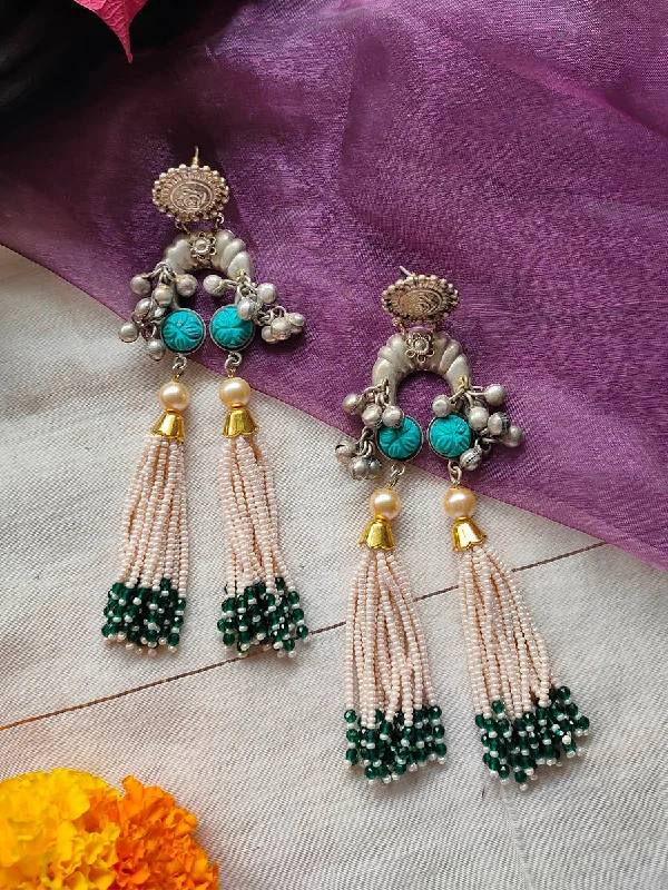 Women’s birthstone earrings-Firoza Color Silver Plated Tribal Earrings - EK-SFEAR153IB