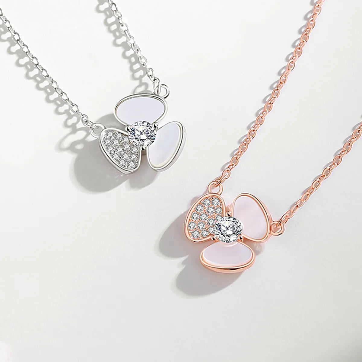 Women’s romantic necklaces-Simple Style Shamrock Sterling Silver Polishing Plating Inlay Shell Zircon Necklace