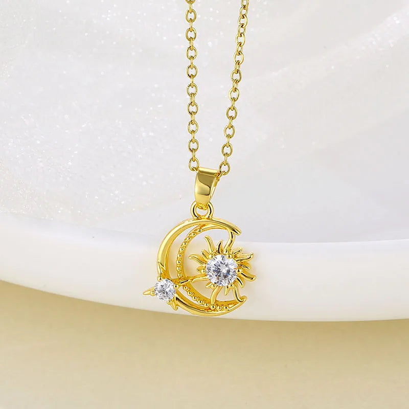 Women’s boho necklaces-Stainless Steel Brass Elegant Plating Inlay Moon Star Zircon Pendant Necklace