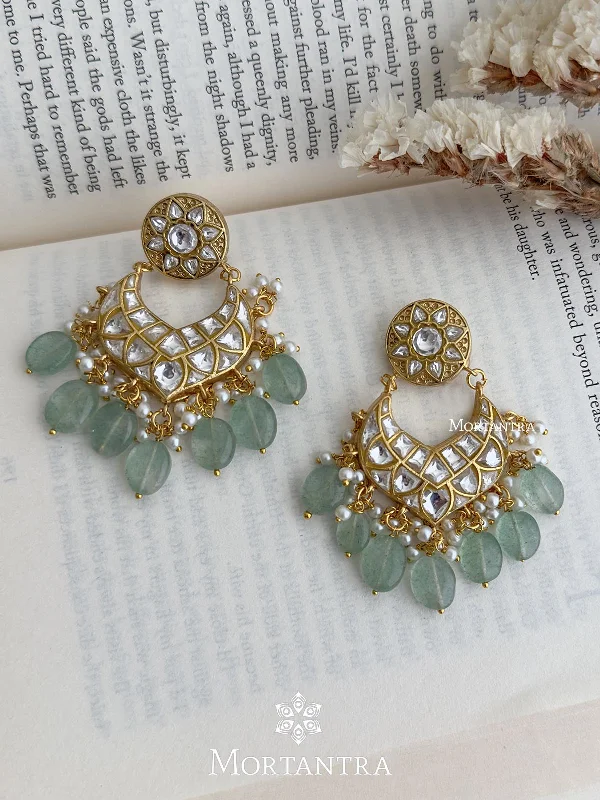 Women’s sterling silver earrings-Green Color Gold Plated Thappa Jadau Kundan Earrings - TJ-E15W