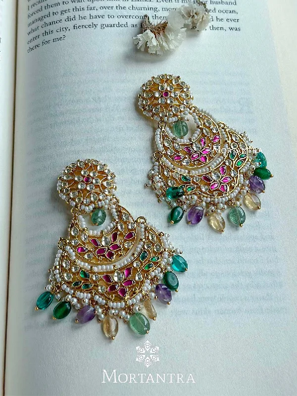 Women’s long earrings-Multicolor Gold Plated Jadau Kundan Earrings - ME1058M