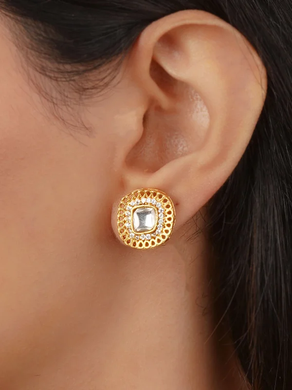 Women’s round earrings-White Color Gold Plated Jadau Kundan Earrings - MO-EAR45