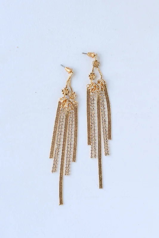 Women’s diamond hoop earrings-FINAL SALE - Lucy Gold Rhinestone Fringe Earrings