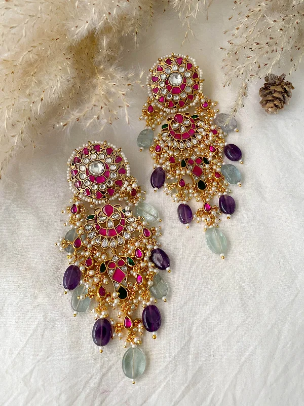 Women’s modern hoop earrings-Multicolor Gold Plated Jadau Kundan Earrings - ME723M