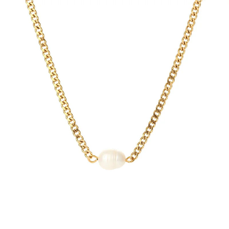 Cuban Link Chain Freshwater Pearl Pendant Necklace