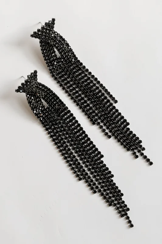 Women’s drop earrings with gemstones-FINAL SALE - Dakota Black Rhinestone Fringe Earrings