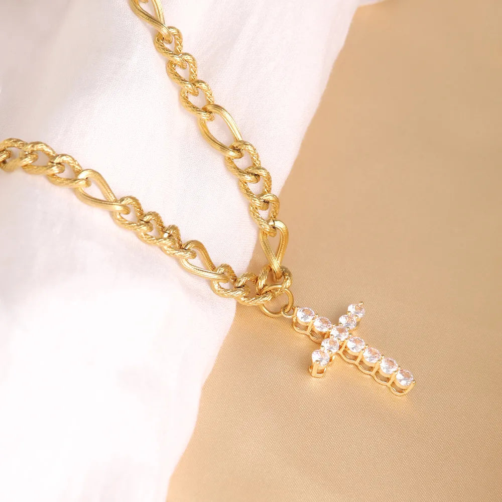 Women’s necklace and earring sets-304 Stainless Steel Copper 18K Gold Plated Elegant Lady Streetwear Plating Inlay Cross Zircon Pendant Necklace