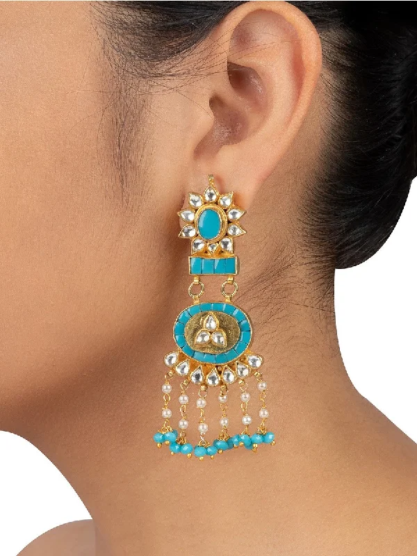 Women’s sapphire earrings-Firoza Color Gold Plated Jadau Kundan Earrings - ME219F