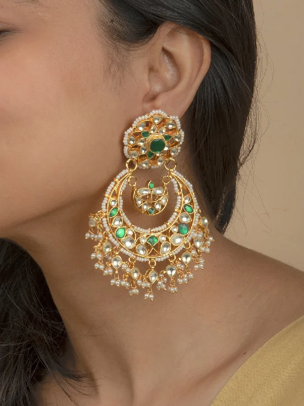 Women’s classic gold earrings-Green Color Gold Plated Jadau Kundan Earrings - ME1YGR