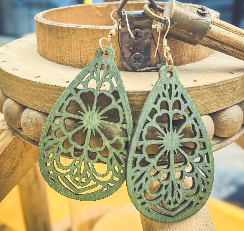 Women’s pearl earrings-Beautiful Green Laser Cut Wood Floral Earrings