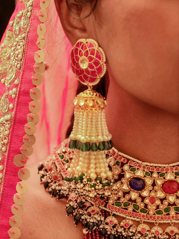 Women’s gold hoop earrings-Pink Color Gold Plated Jadau Kundan Earrings - ME1274P