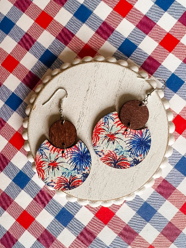 Women’s boho earrings-Beautiful Red, White, and Blue Wooden Firework Drop Earrings