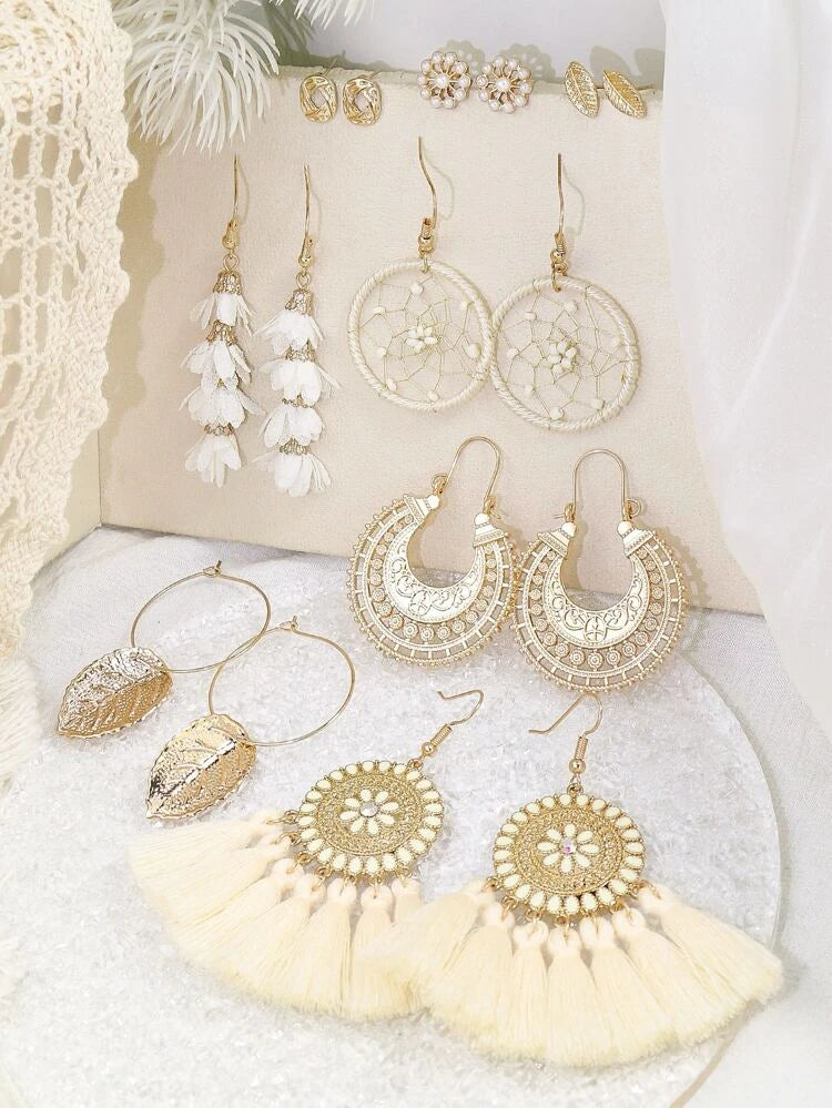 Women’s luxury earrings-Beautiful Gold and Cream Gorgeous 8 Earrings Set