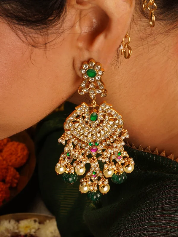 Women’s statement chandelier earrings-Multicolor Gold Plated Jadau Kundan Earrings - ME1230M