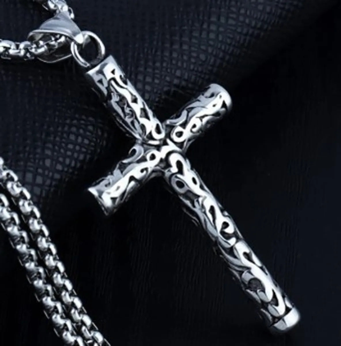 Embossed Cross + Stainless Steel Pearl Chain