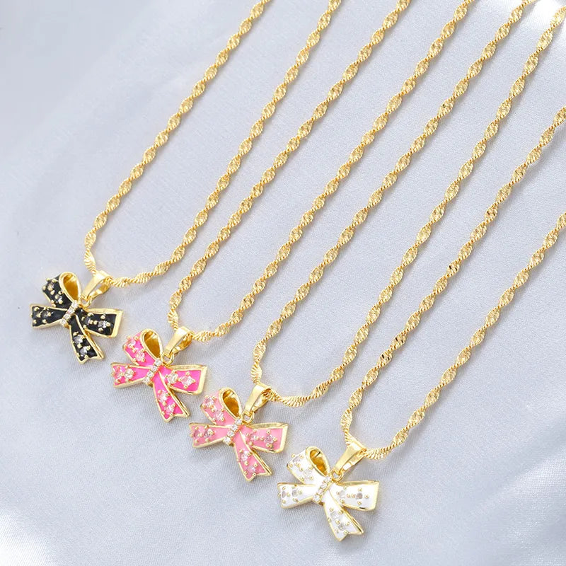 Women’s sparkling diamond necklaces-Copper 18K Gold Plated IG Style Casual Sweet Enamel Plating Inlay Bow Knot Zircon Pendant Necklace