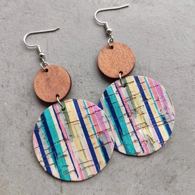 Women’s silver drop earrings-Beautiful Striped Cork and Wood Earrings