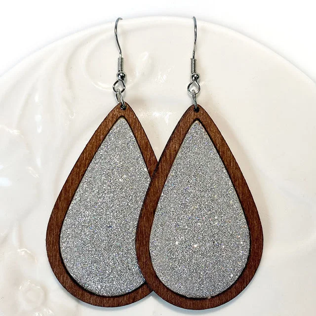 Women’s angel wings earrings-Gorgeous Silver Glitter Wood Drop Earrings