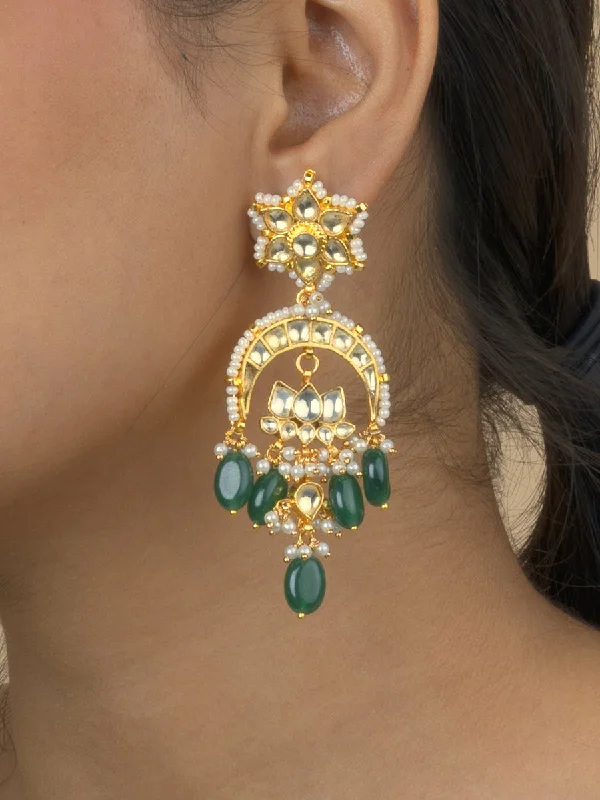 Women’s diamond earrings-Green Color Gold Plated Jadau Kundan Earrings - ME700YGR