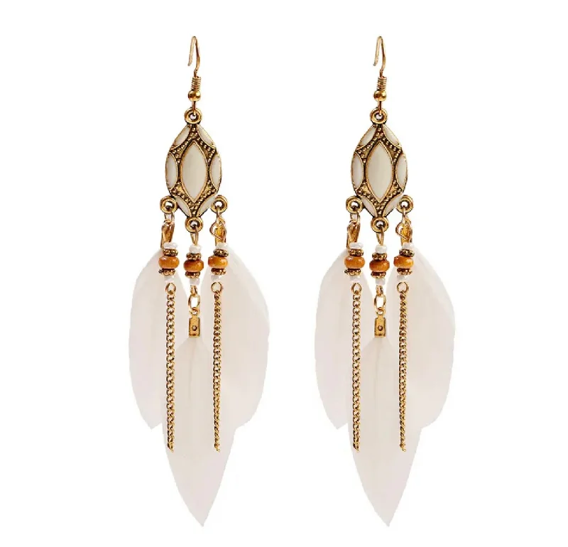 Women’s ruby earrings-Beautiful White Cream Bohemian Feather Earrings