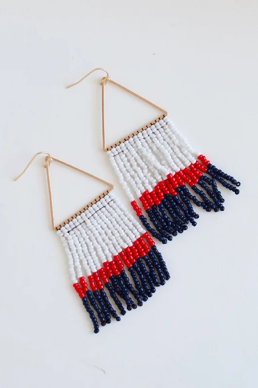 Women’s bohemian earrings-White + Navy Beaded Fringe Earrings