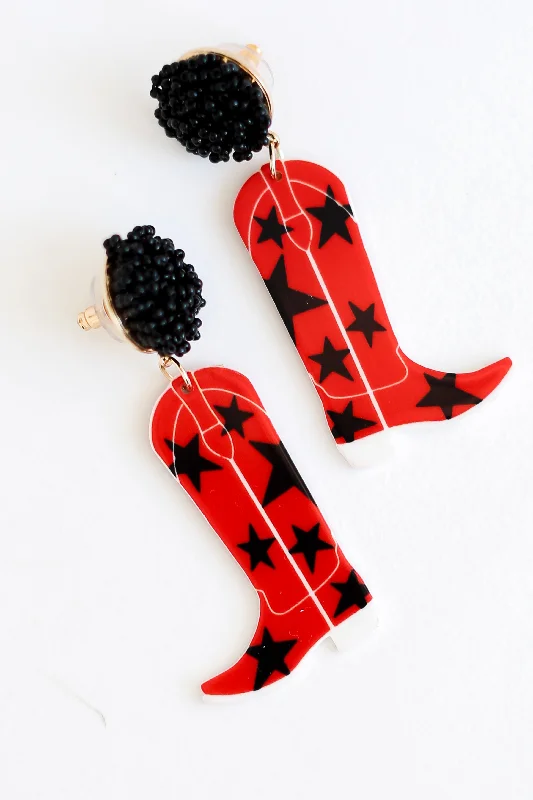 Women’s bridal earrings-Red + Black Cowboy Boot Earrings