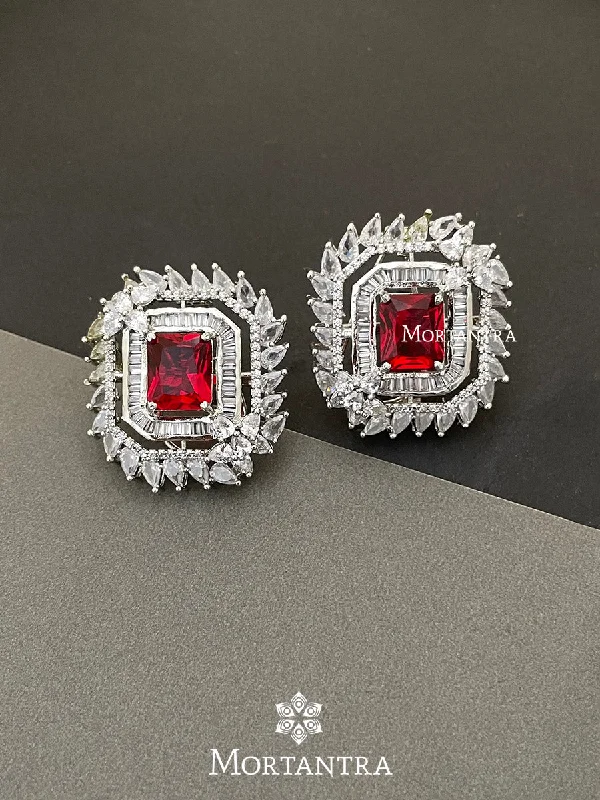 Women’s colorful gemstone earrings-Red Color Silver Plated Faux Diamond Earrings - CZEAR408R