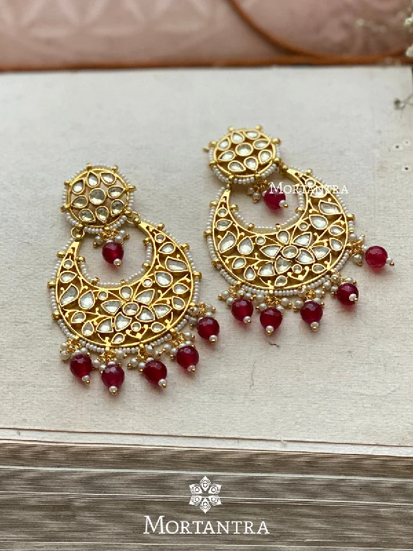 Women’s antique earrings-Maroon Color Gold Plated Jadau Kundan Earrings - ME861YD