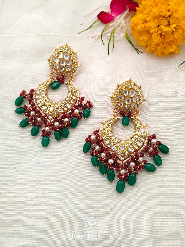 Women’s silver drop earrings-Multicolor Gold Plated Thappa Jadau Kundan Earrings - TJ-E4