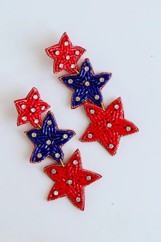 Women’s simple pearl earrings-Red + Blue Beaded Star Drop Earrings