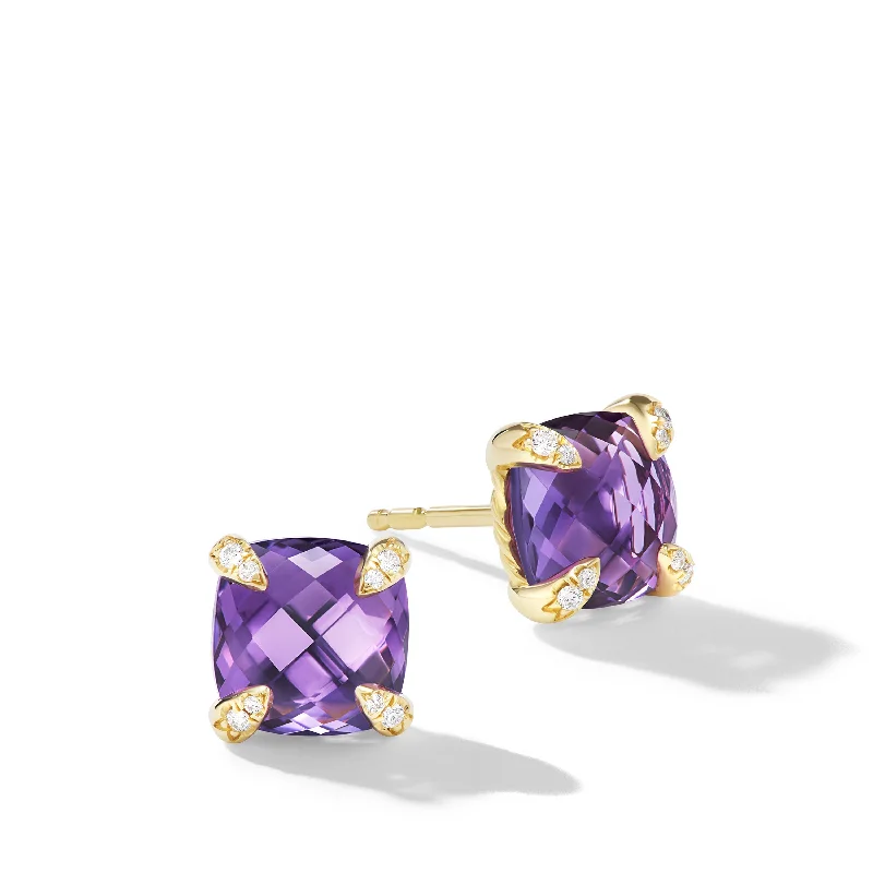 Women’s white gold earrings-Chatelaine® Stud Earrings in 18K Yellow Gold with Amethyst and Diamonds\, 8mm