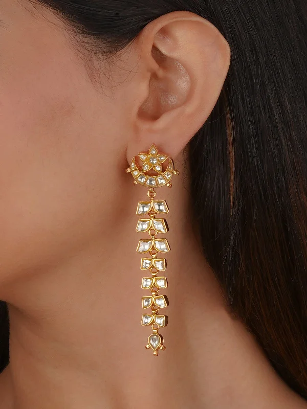 Women’s cubic zirconia earrings-White Color Gold Plated Thappa Jadau Kundan Earrings - TJ-E123