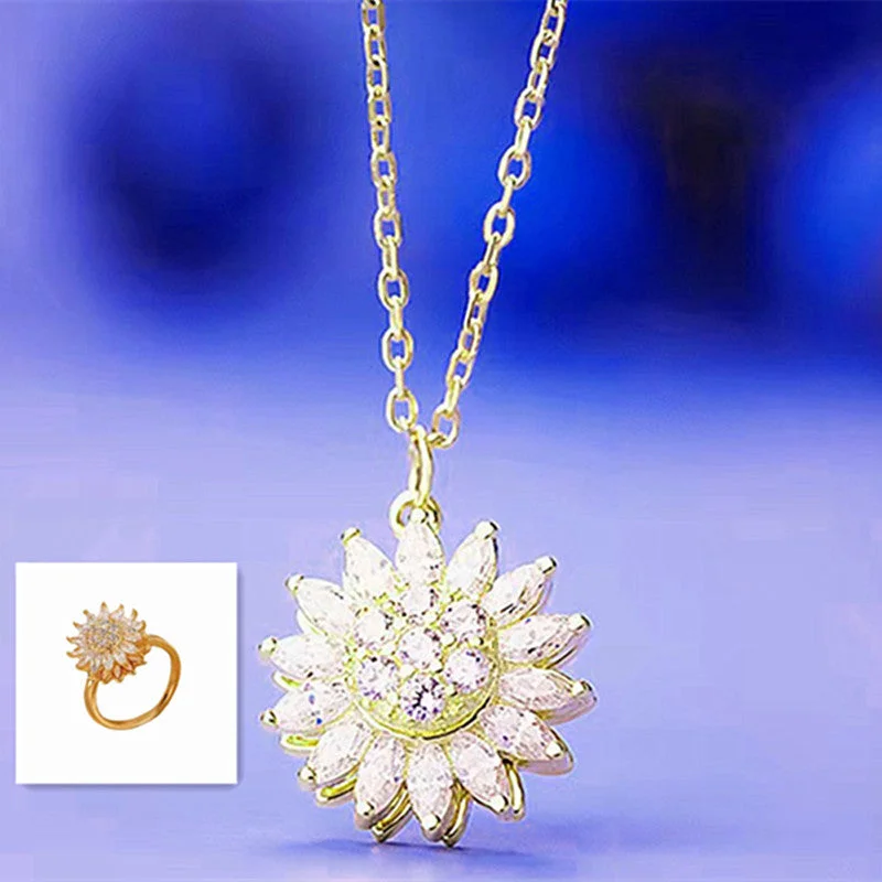 18K Gold SUNFLOWER Rotating Necklace + Ring