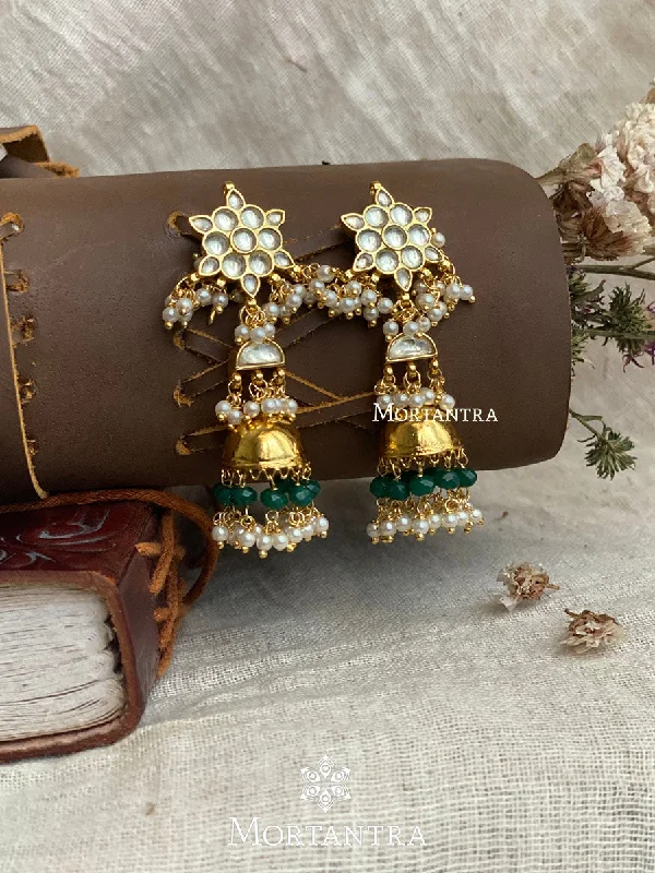 Women’s large hoop earrings-Green Color Gold Plated Jadau Kundan Earrings - ME989YB