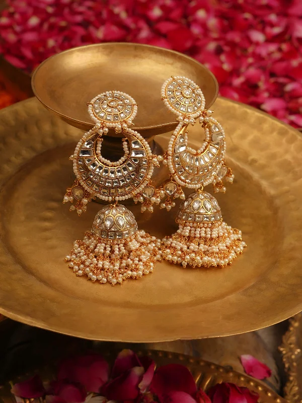 Women’s large gemstone earrings-White Color Gold Plated Jadau Kundan Earrings - ME1227