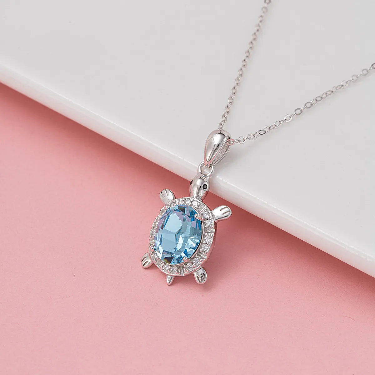 Women’s trendy necklaces-Sterling Silver White Gold Plated IG Style Cute Shiny Handmade Polishing Inlay Tortoise Crystal Zircon Pendant Necklace