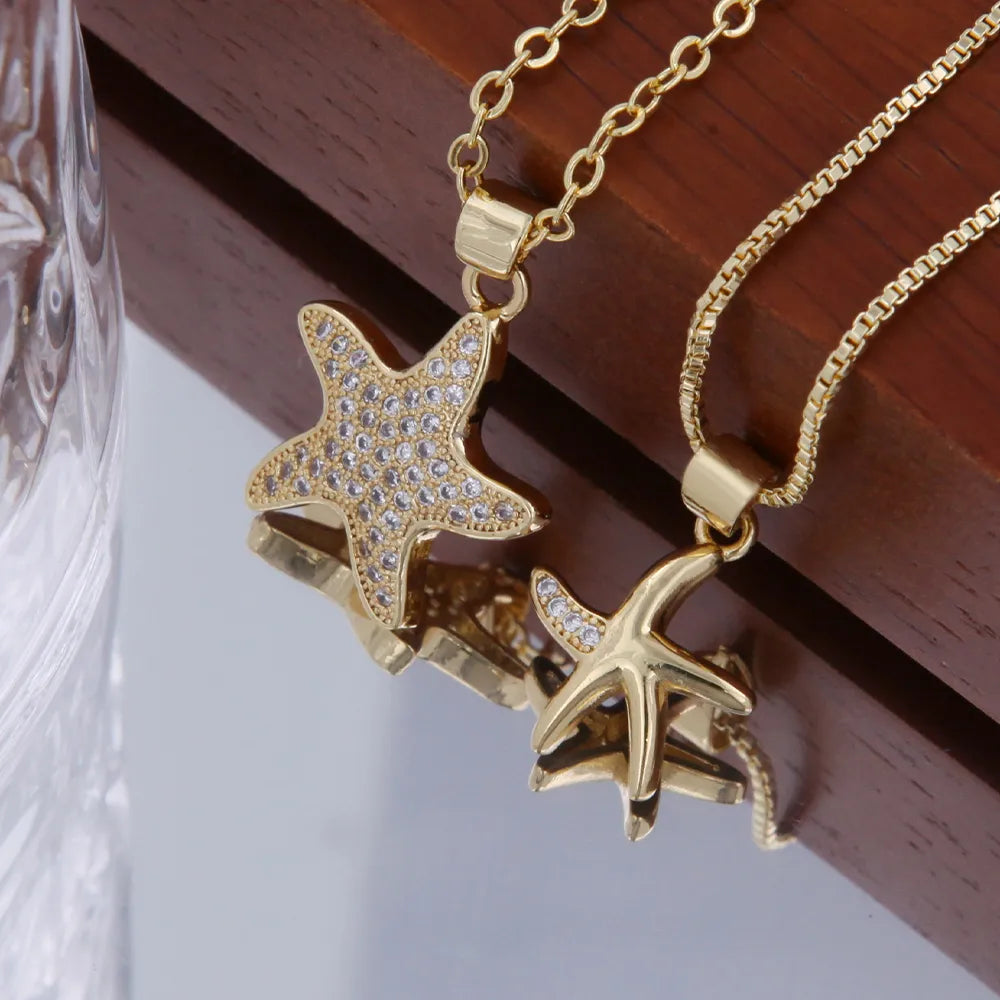 Women’s antique necklaces-Copper 18K Gold Plated Starfish Zircon Pendant Necklace