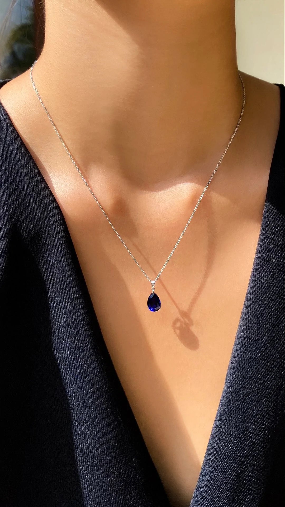 Women’s round pendant necklaces-Pear Cut Blue Sapphire Charm Necklace