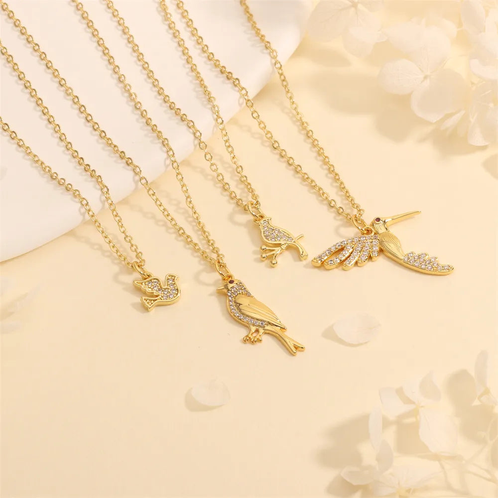 Women’s gold necklaces-Copper 18K Gold Plated Plating Inlay Insect Bird Zircon Pendant Necklace