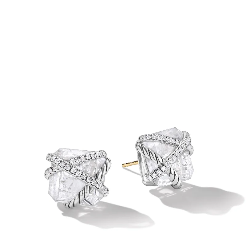 Women’s sterling silver earrings-Cable Wrap Stud Earrings in Sterling Silver with Crystals and Diamonds\, 12mm