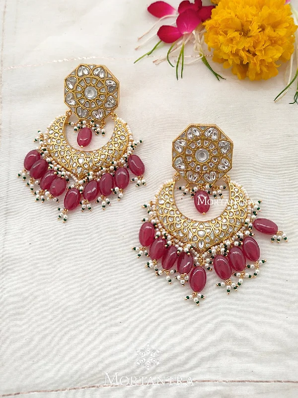 Women’s turquoise earrings-Pink Color Gold Plated Thappa Jadau Kundan Earrings - TJ-E1