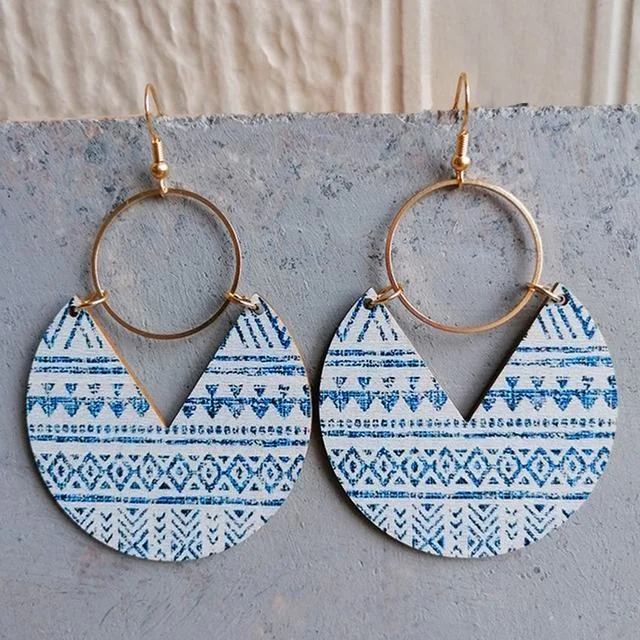 Women’s dangling diamond earrings-Geometric Pattern Circle Wood Earrings